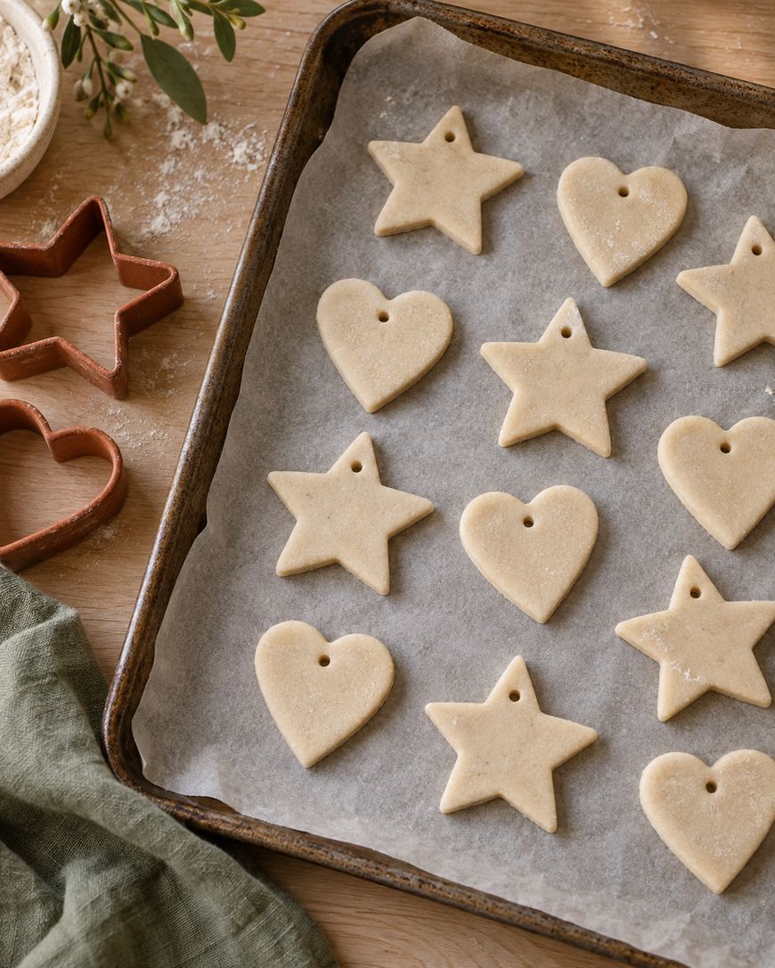 Unbaked star and heart-shaped cookies with holes sit on a parchment-lined baking sheet. Star-shaped cookie cutters and a green cloth are nearby on a wooden surface dusted with flour.