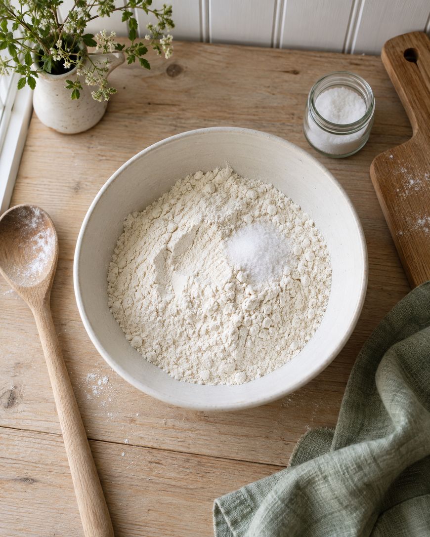 A bowl with flour and salt sits on a wooden table next to a wooden spoon, a jar of salt, a green cloth, and a small vase with flowers.