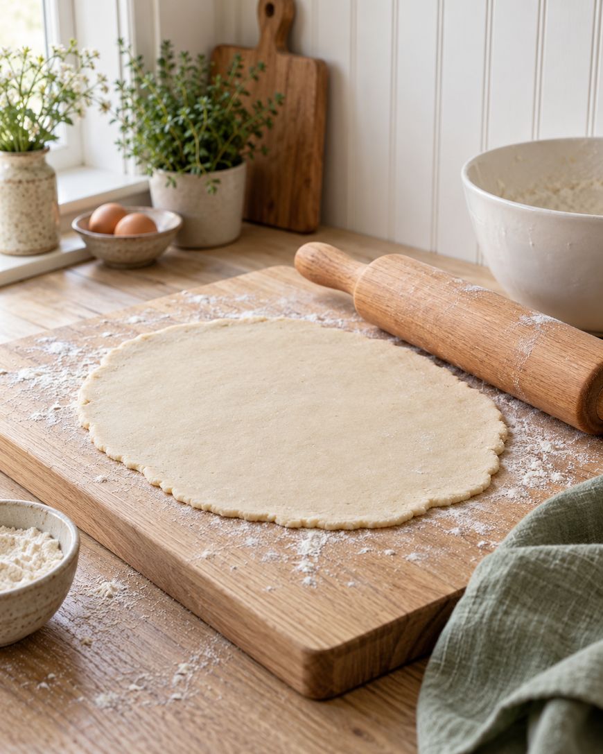 Rolled-out dough on a floured wooden board, with a rolling pin, mixing bowl, eggs, and potted herbs in a bright kitchen setting.