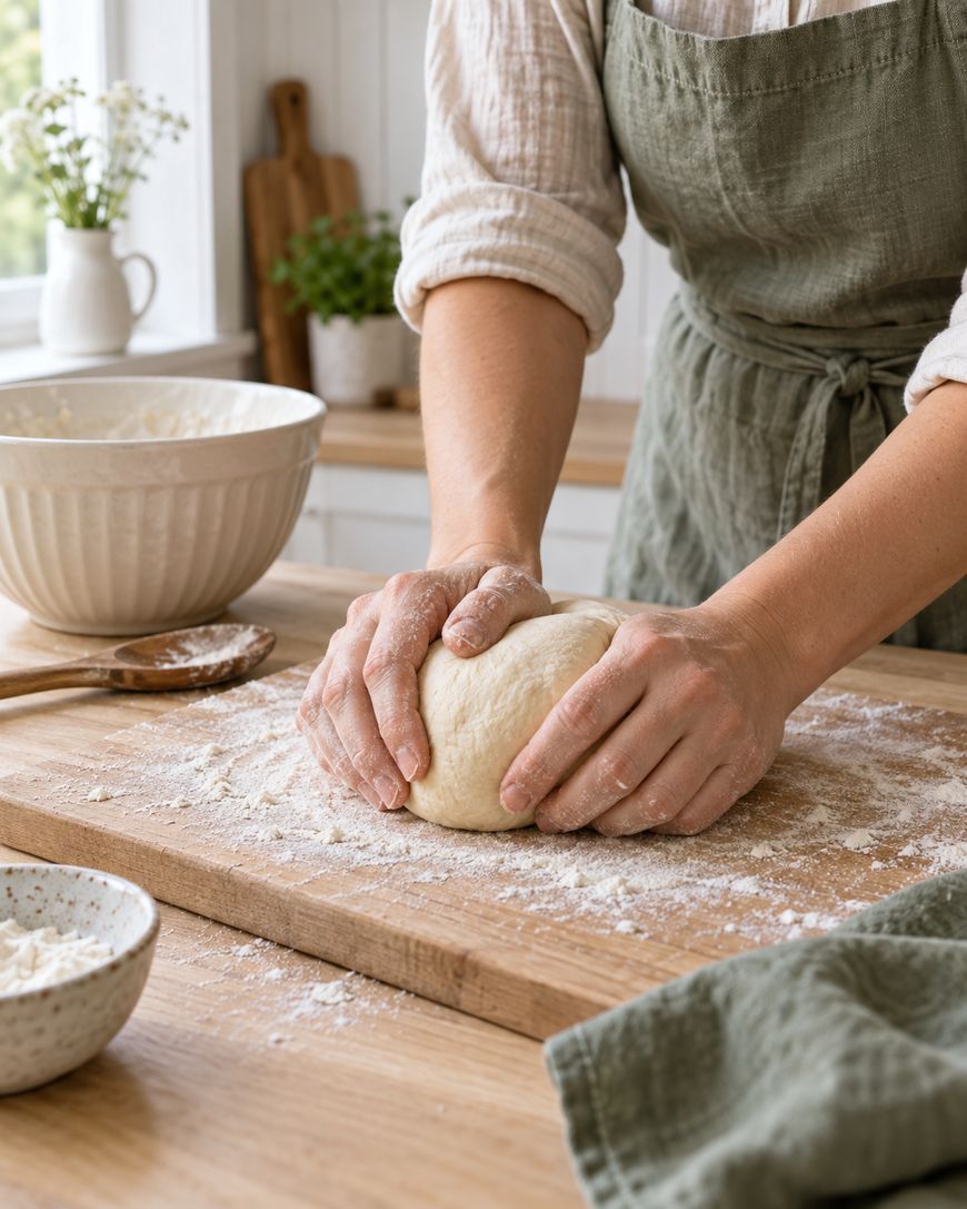 Person kneading dough on a floured wooden surface in a bright kitchen, with a mixing bowl and ingredients nearby. The person is wearing a green apron.