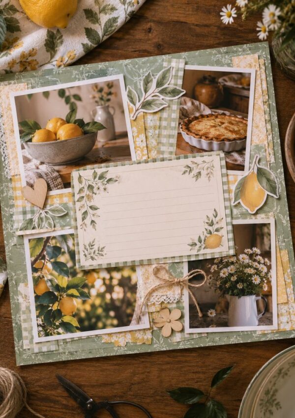 A scrapbook page with photos of lemons, a pie, flowers, and rustic decor. Theres a blank card in the center for notes, surrounded by lemon-themed embellishments on a green and yellow background.
