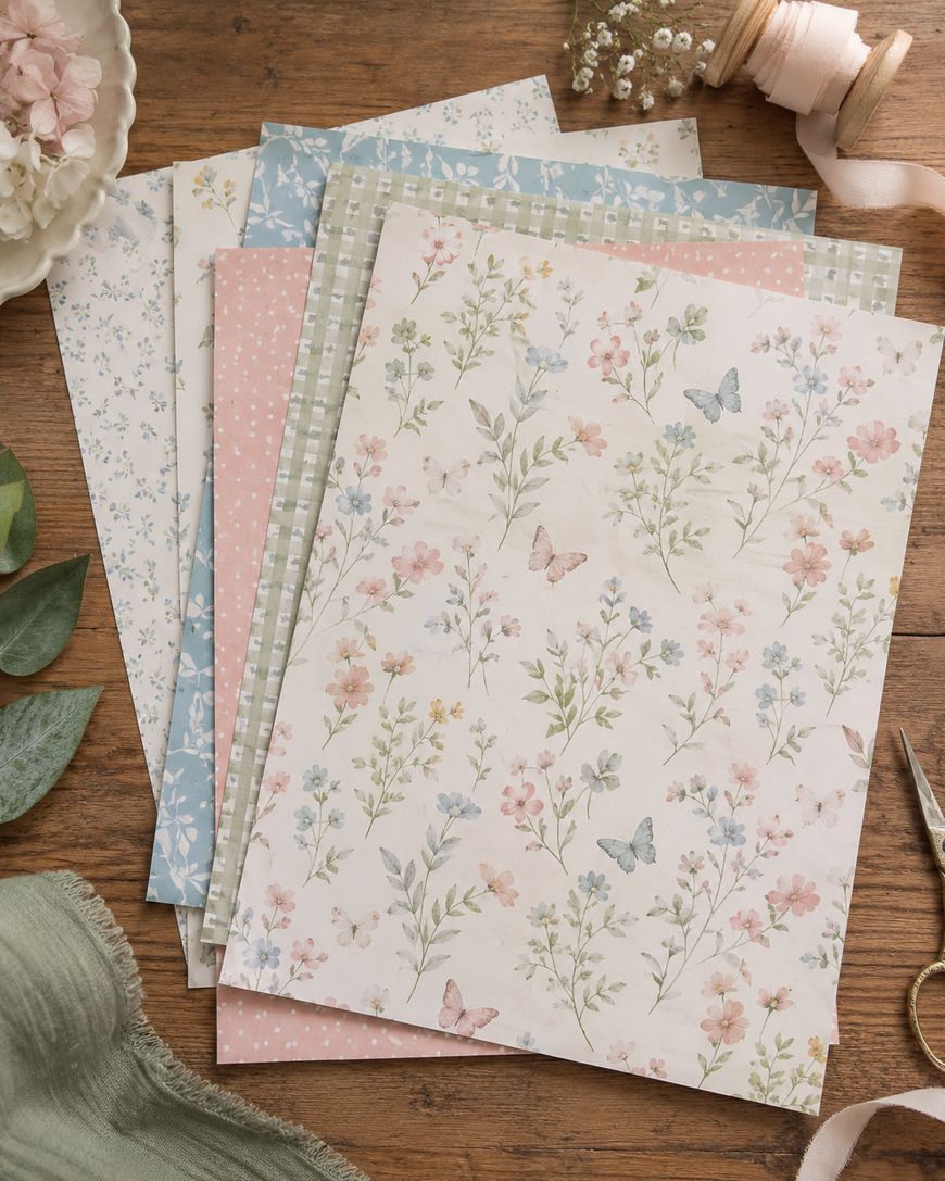 Five sheets of patterned paper with floral and butterfly designs lie on a wooden surface, surrounded by craft supplies like ribbon, scissors, greenery, and flowers.