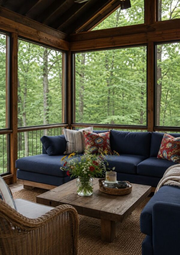 Cozy screened porch with blue sofas, colorful pillows, a wicker chair, and a rustic wooden coffee table holding flowers and candles, surrounded by lush green forest views.