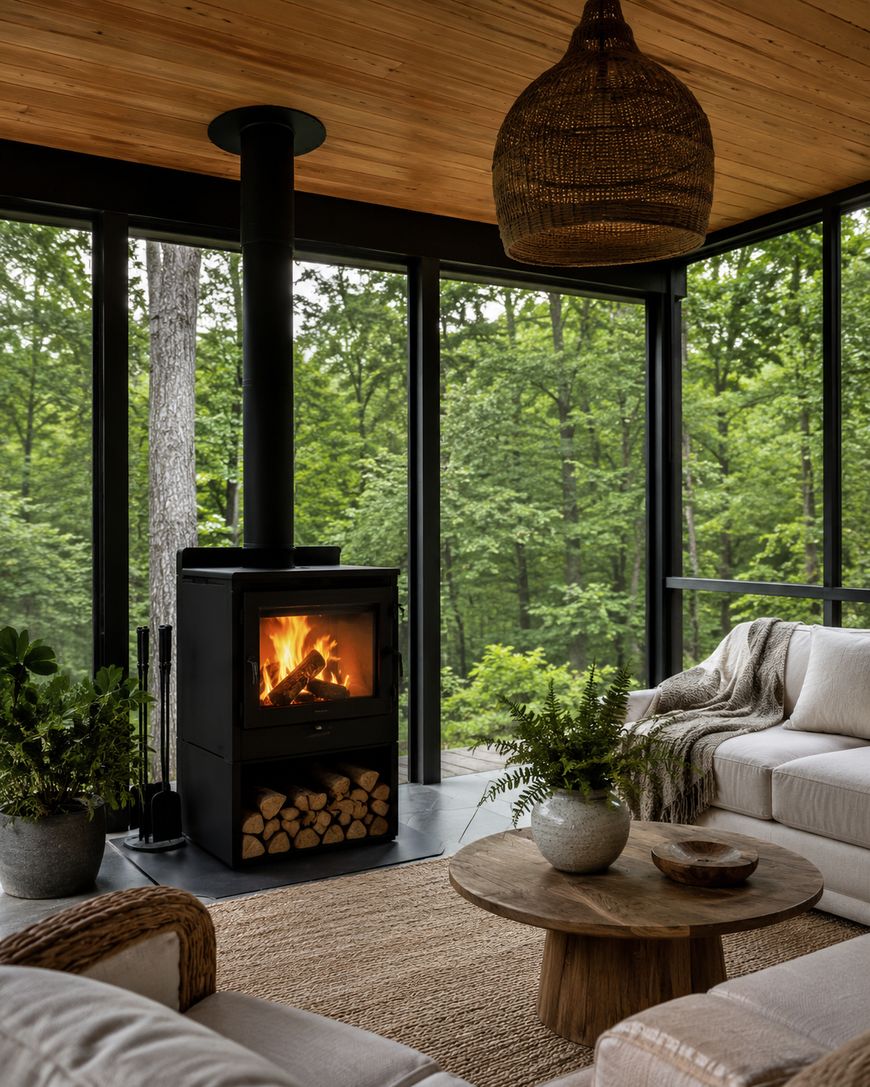 A cozy living room with large windows, a wood-burning stove with stacked logs, beige sofas, green plants, and a round wooden coffee table, overlooking lush green forest scenery.