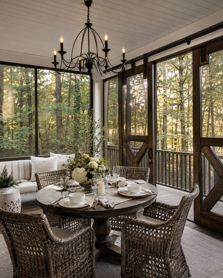A cozy, screened-in porch features a round wooden table set for four, wicker chairs, a floral centerpiece, a chandelier above, and views of a sunlit forest through large windows.