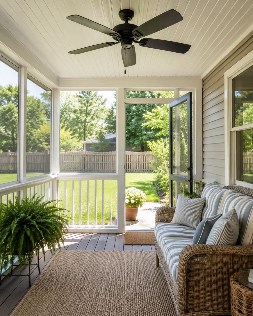 A cozy screened porch with a wicker sofa, blue striped cushions, a green fern, and a ceiling fan overlooks a sunny backyard with a potted plant and a wooden fence. The porch door is open to the yard.