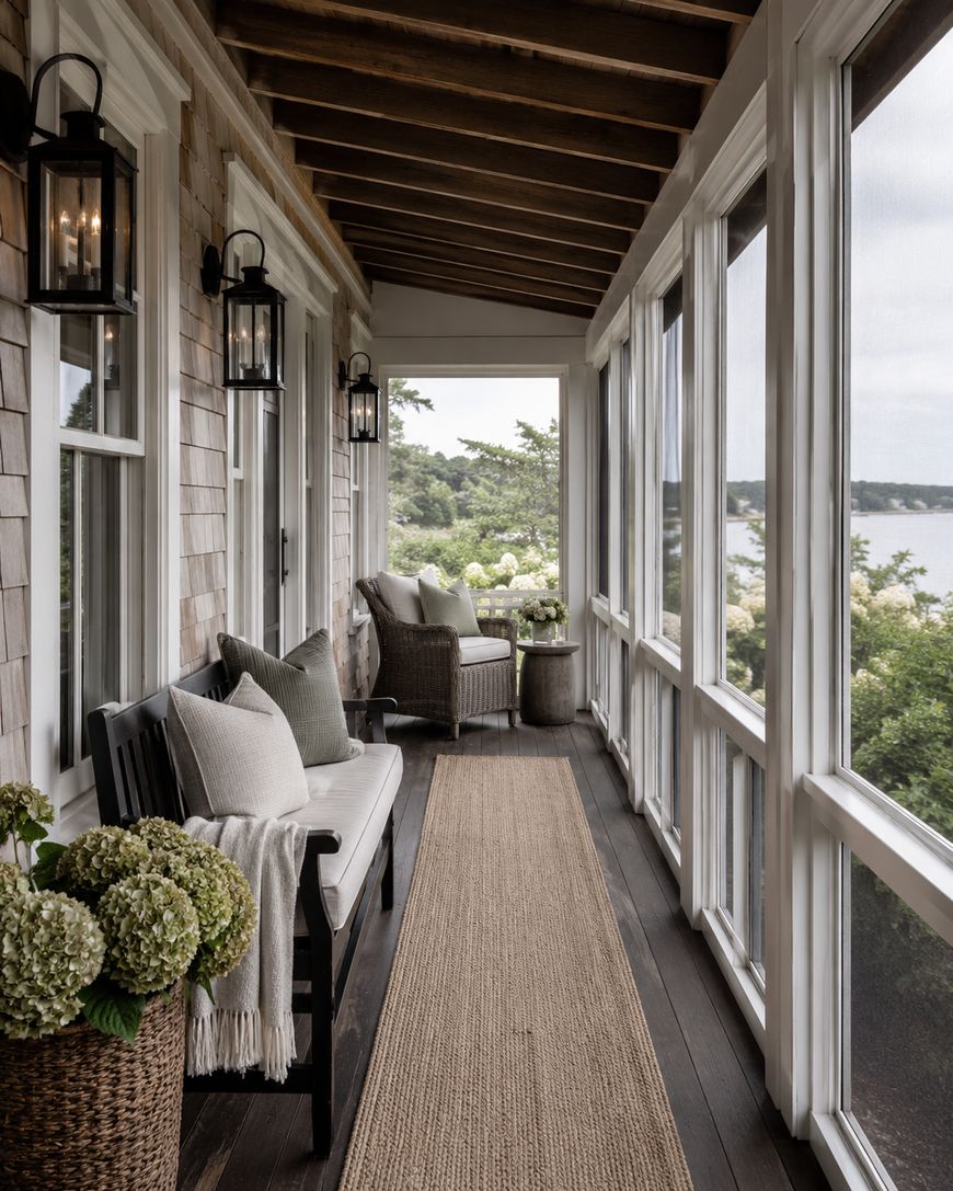 A cozy screened-in porch with a bench, pillows, wicker chair, small table, potted hydrangeas, and a view of trees and water outside. Natural light fills the space, highlighting wood floors and white trim.