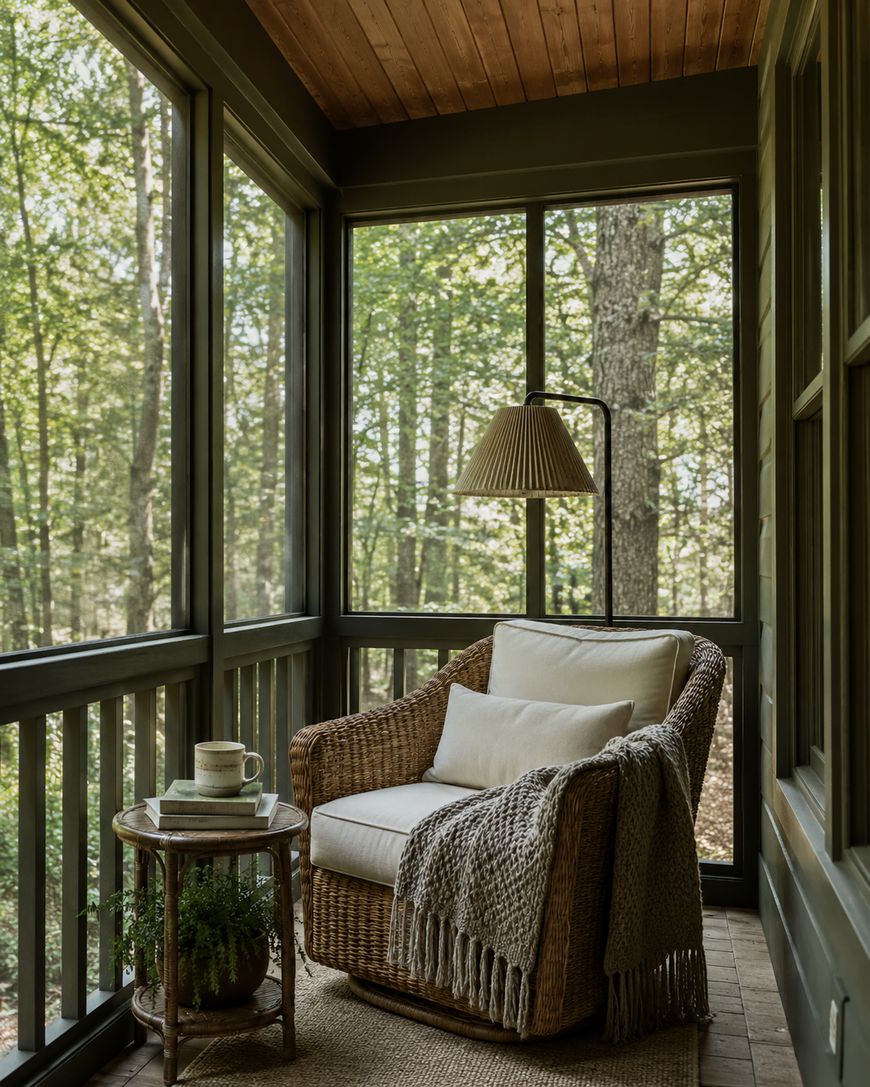 A cozy wicker chair with cushions and a knit throw sits beside a small table with books and a mug on a screened porch, surrounded by trees and natural light.