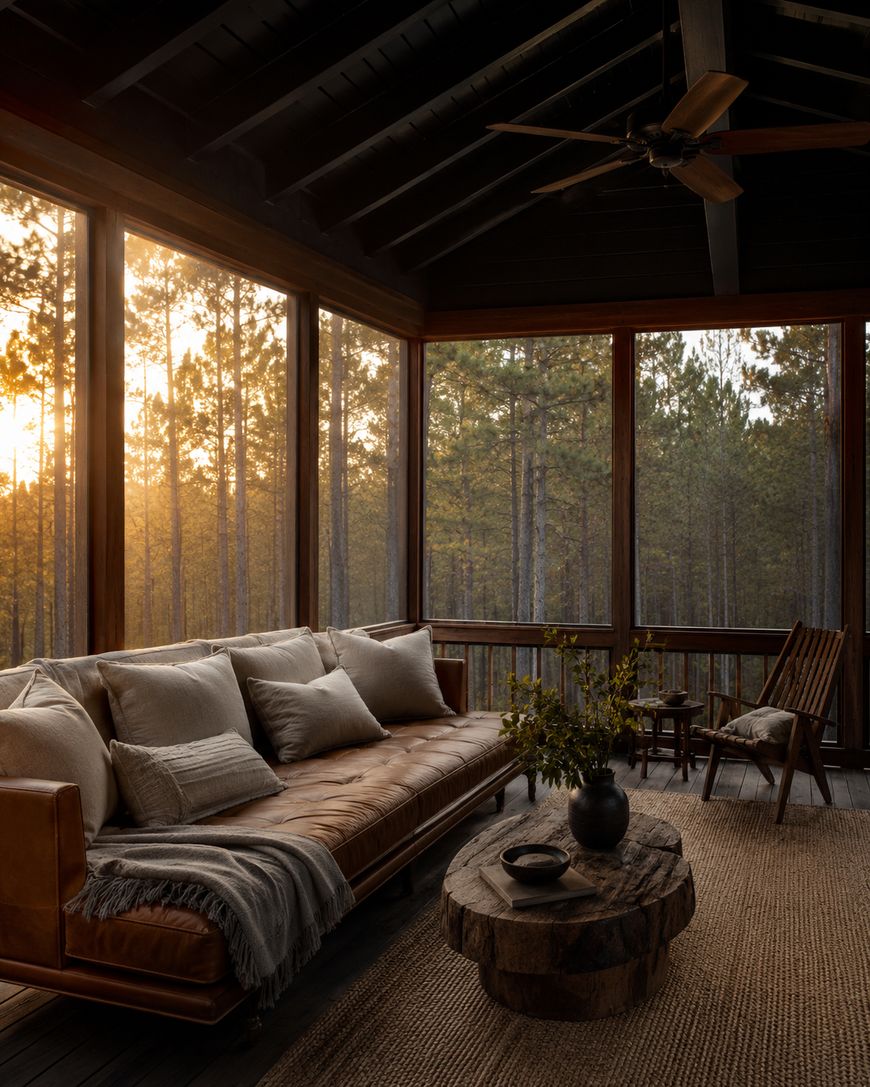 A cozy sunroom with a leather sofa, wooden coffee table, and woven rug overlooks a forest at sunset through large screened windows. Warm light fills the rustic, inviting space.