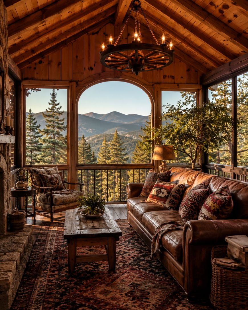 Cozy cabin living room with leather sofa, rustic decor, and large windows showcasing pine trees and distant mountains under a blue sky. Warm lighting and wooden walls create a welcoming atmosphere.