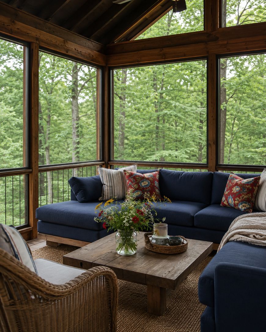 Screened-in porch with blue sofas, colorful pillows, wicker chair, wooden coffee table with a vase of wildflowers and tray; large windows reveal a lush green forest outside.