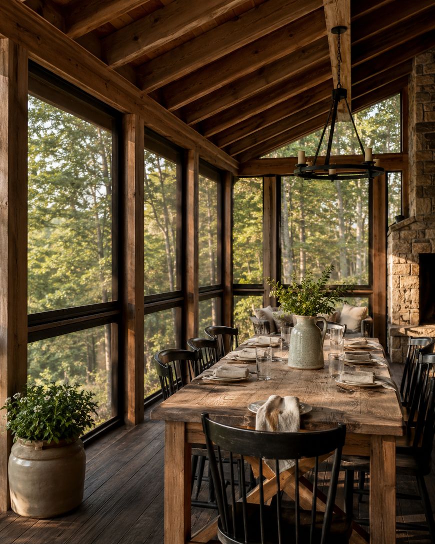 Rustic dining area with a wooden table set for a meal, surrounded by black chairs and large windows showing lush green trees outside. A stone fireplace and potted plants add to the cozy, cabin-like atmosphere.