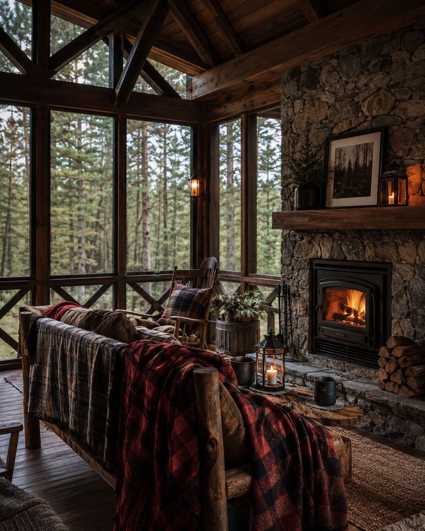Cozy rustic cabin living room with plaid blankets, a stone fireplace, and candles. Large windows reveal a forest view, creating a warm, inviting atmosphere.
