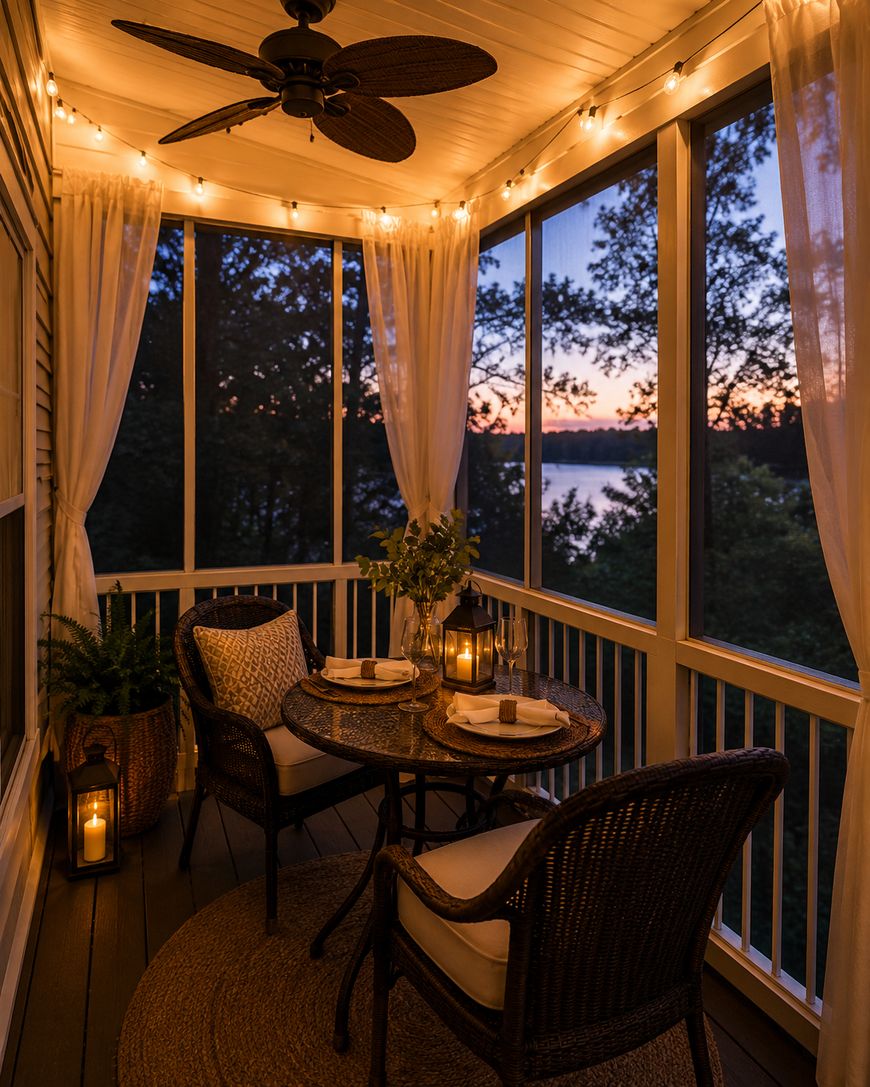Cozy screened porch with two wicker chairs and a round table set for dinner, surrounded by string lights and white curtains, overlooking a lake at sunset. Lanterns and plants add warm ambiance.
