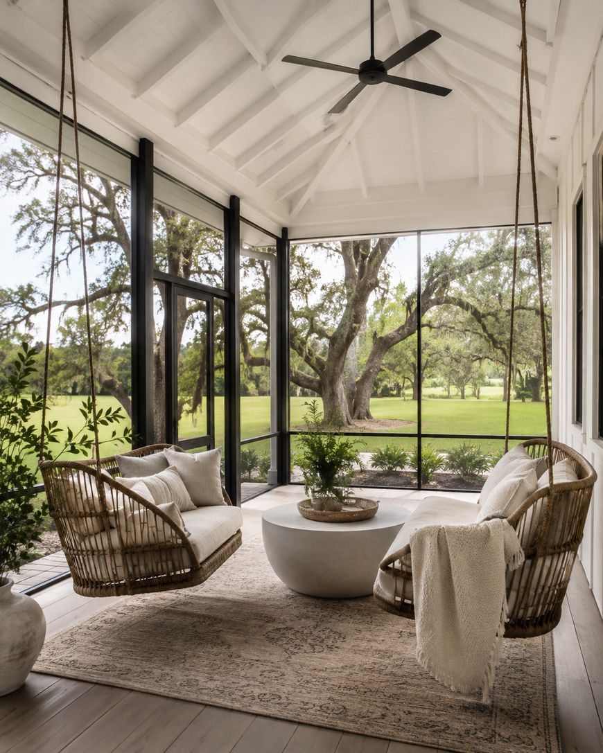 A cozy screened porch with two hanging wicker chairs, a round coffee table, light rug, potted plants, and a ceiling fan. Large windows show green grass and trees outside.