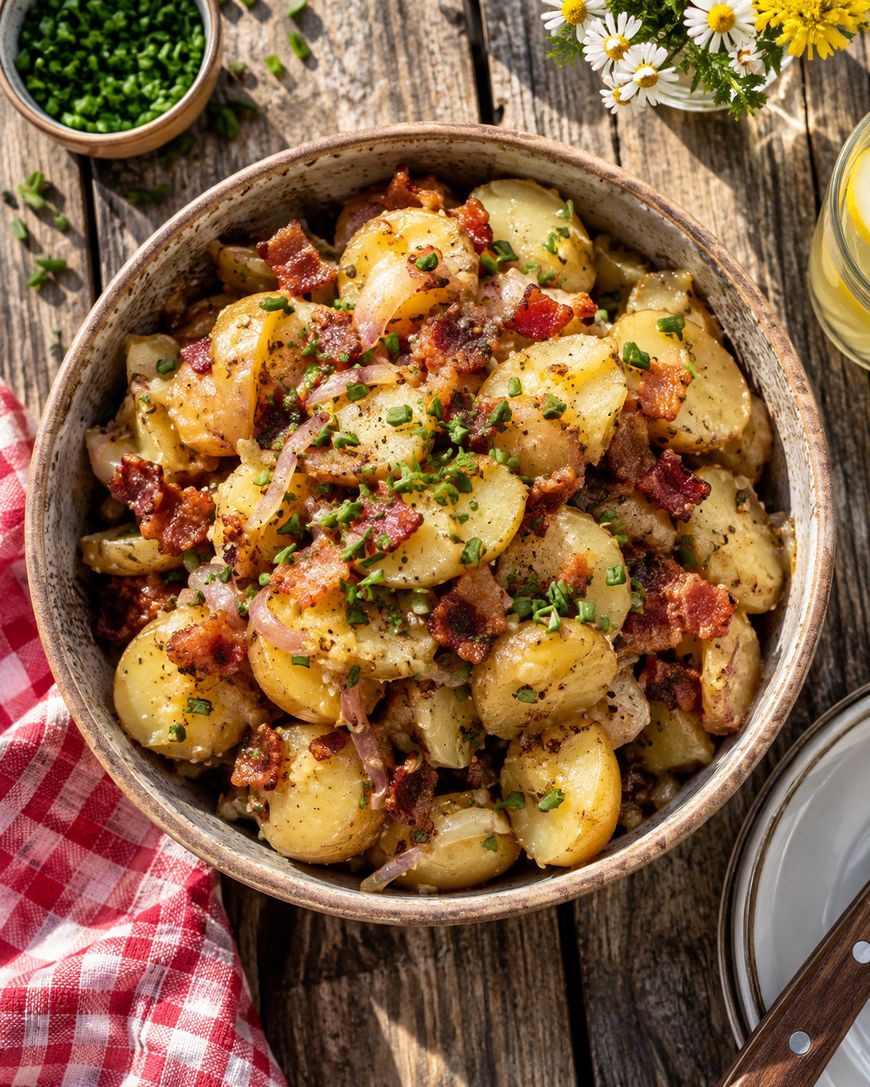 A bowl of potato salad with bacon bits, chopped chives, and onions sits on a wooden table next to a red plaid napkin, a dish of chives, and a vase of daisies.