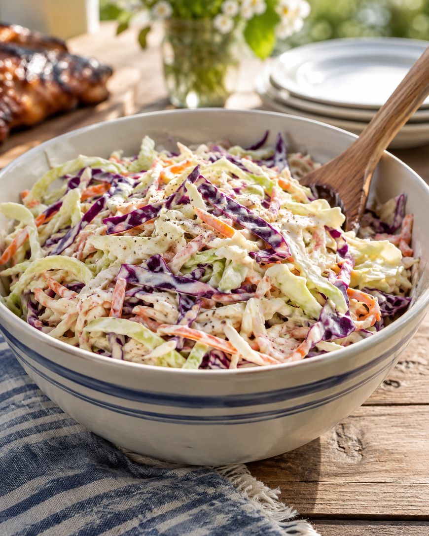 A bowl of creamy coleslaw with green and purple cabbage and shredded carrots sits on a wooden table with a striped napkin, plates, and a serving spoon nearby.