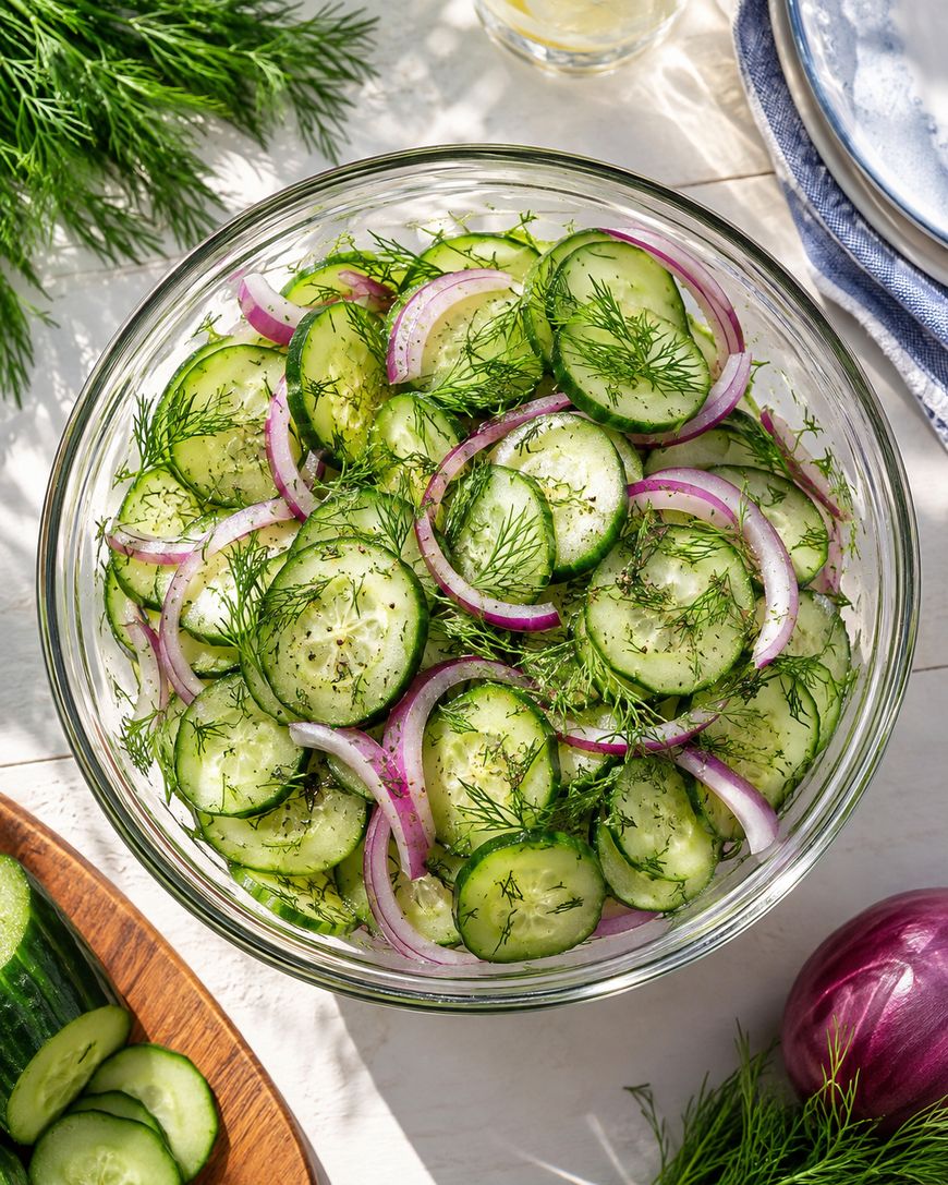 Glass bowl filled with cucumber slices, red onion, and fresh dill on a white table. Sunlight highlights the vegetables. Some dill and cucumber are also visible on the table next to the bowl.