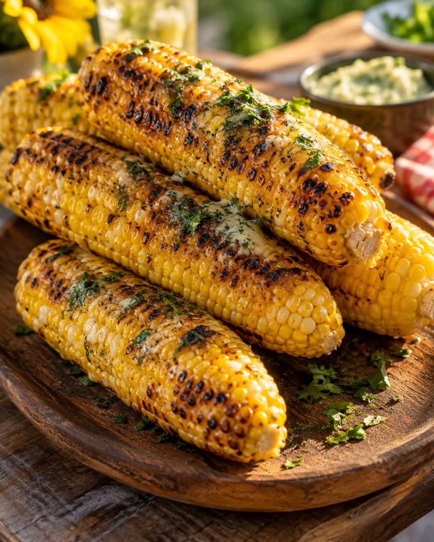 Four grilled corn cobs, garnished with green herbs and melted butter, are stacked on a wooden platter outdoors with a bowl of herb butter in the background.