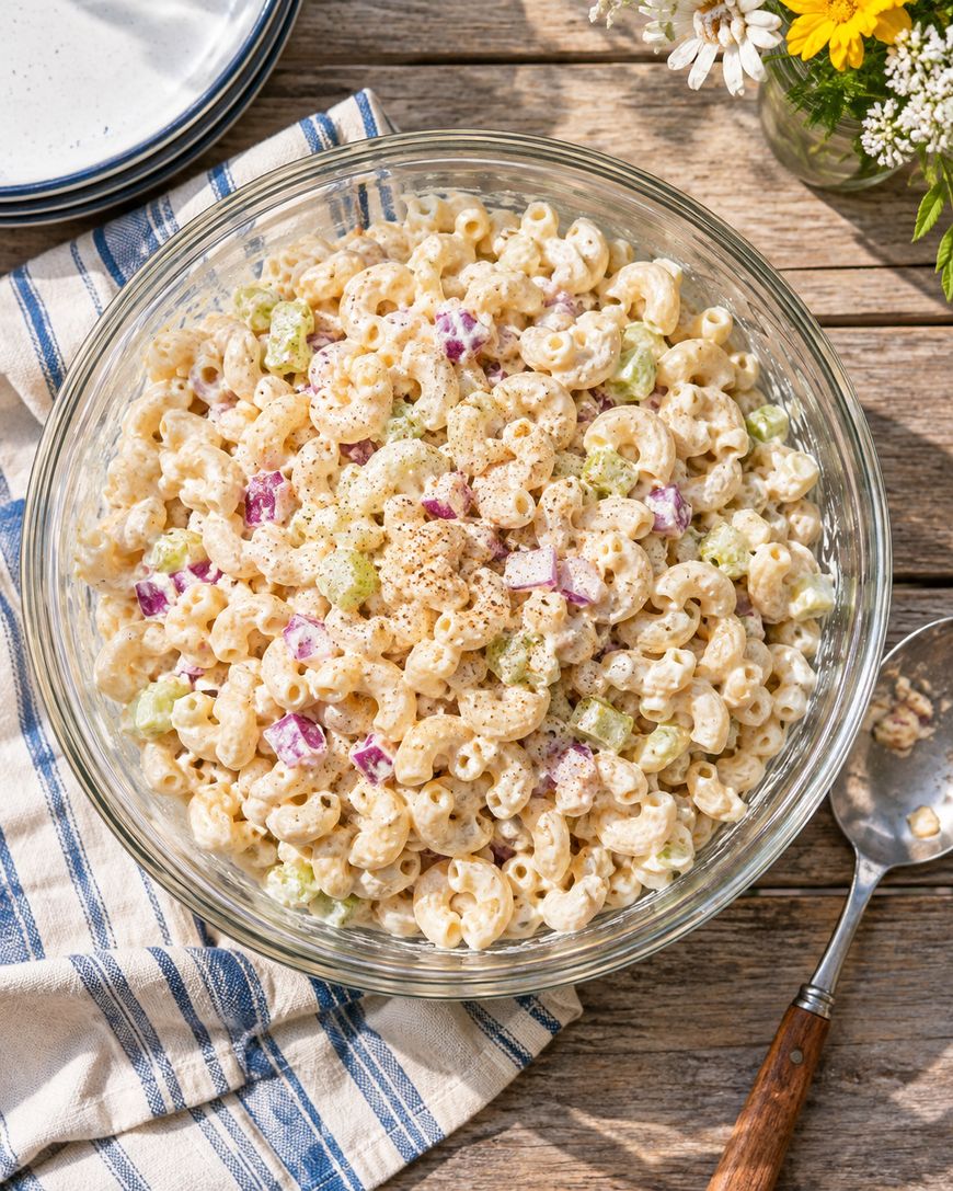 A glass bowl filled with creamy macaroni salad with chopped celery and red onion, sits on a striped cloth on a wooden table. A serving spoon and plates are nearby, with flowers in a vase in the background.