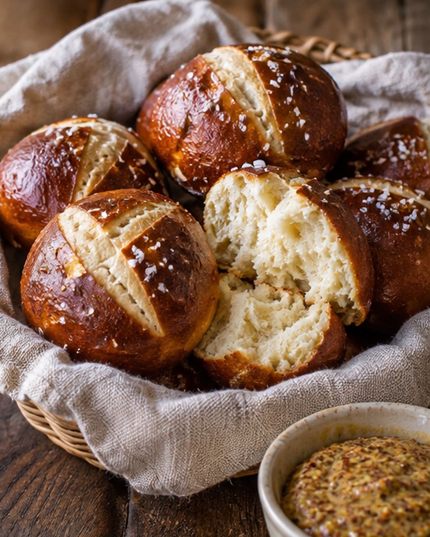 A basket lined with cloth holds several round, golden brown pretzel rolls topped with coarse salt. One roll is split open. A small bowl of grainy mustard sits nearby.