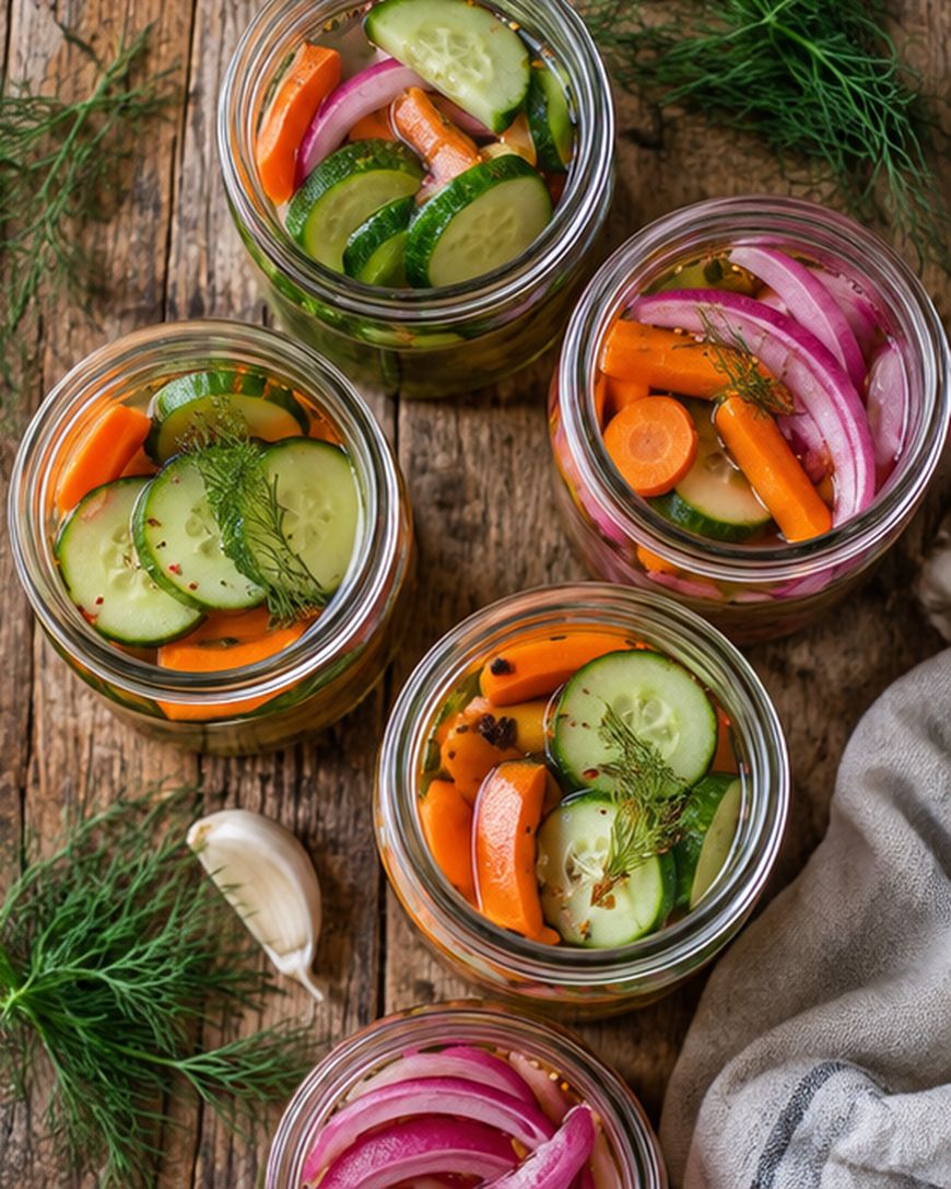 Five glass jars filled with sliced cucumbers, carrots, and red onions, garnished with dill, are arranged on a rustic wooden table with fresh dill sprigs and a garlic clove nearby.