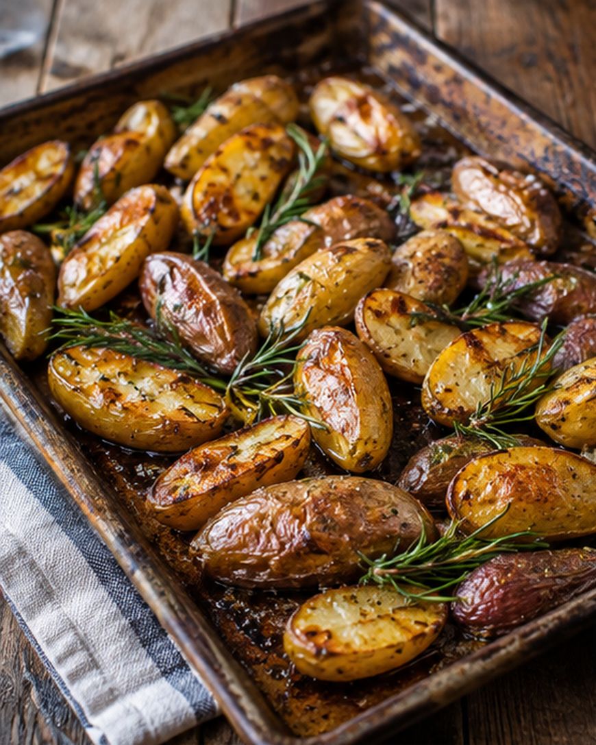 Roasted potato halves with herbs and sprigs of rosemary on a baking tray, set on a rustic wooden table with a striped kitchen towel underneath.