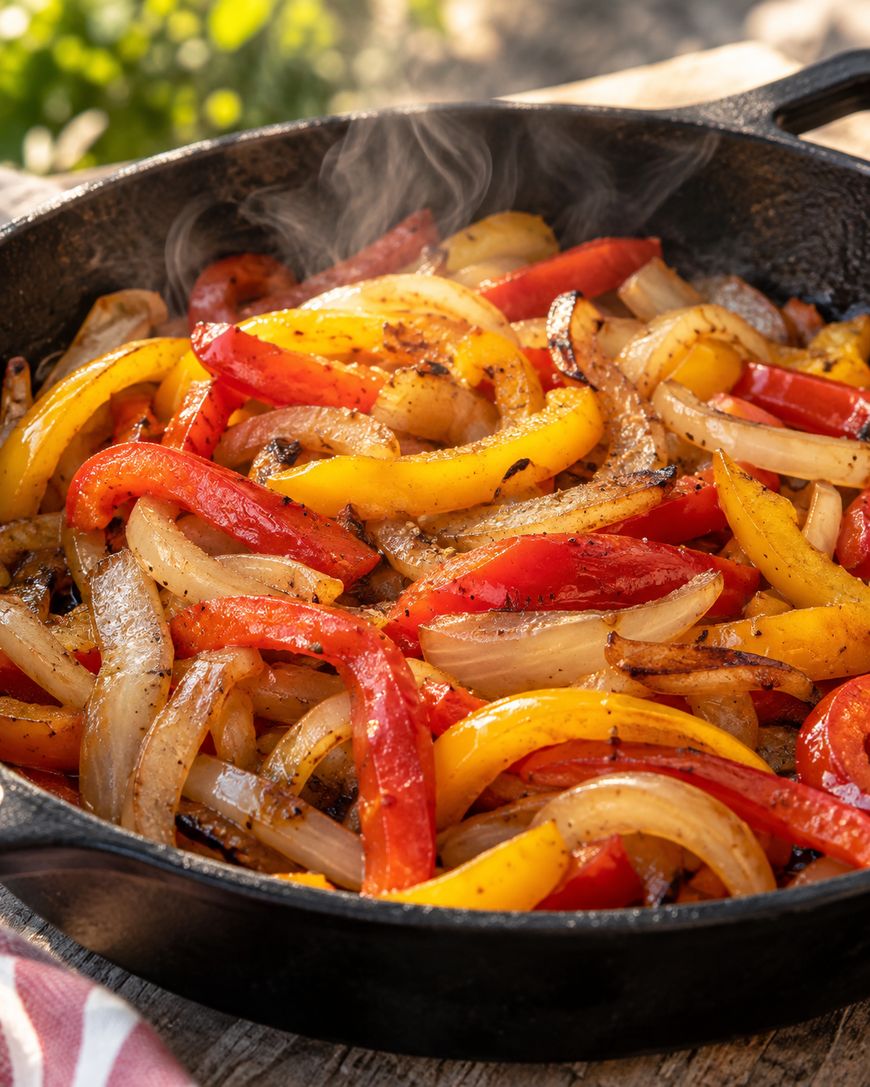 Sizzling strips of red and yellow bell peppers and onions are cooked in a black cast iron skillet, seasoned and steaming, with sunlight highlighting the vibrant colors.