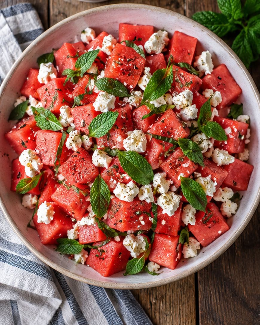 A bowl of watermelon cubes topped with crumbled feta cheese, fresh mint leaves, black pepper, and herbs, placed on a wooden table next to a striped napkin.