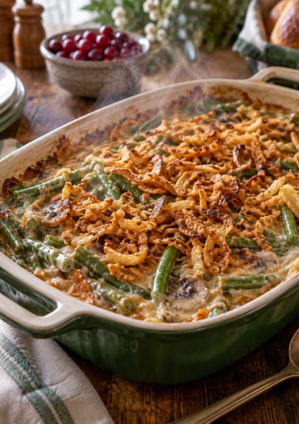 A green casserole dish filled with green bean casserole topped with crispy fried onions sits on a rustic wooden table, with bowls, cranberries, and bread in the background.