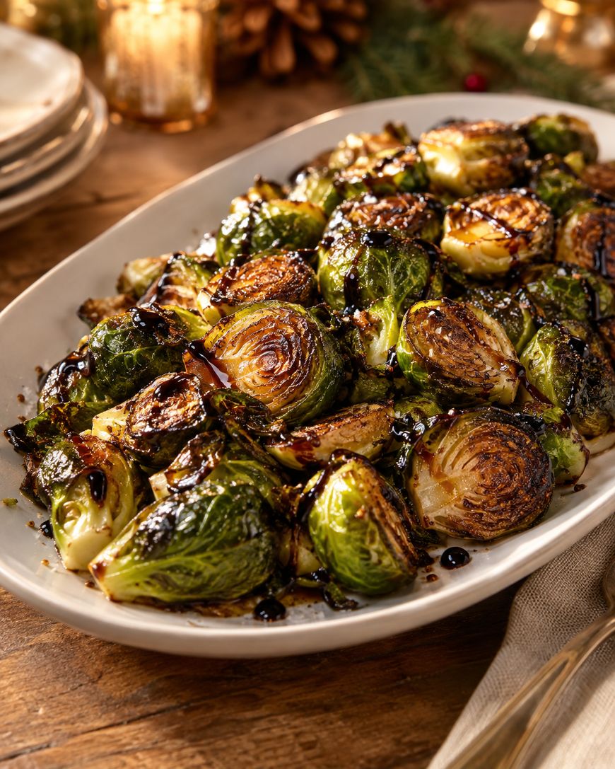 Roasted Brussels sprouts on a white oval plate, drizzled with a dark balsamic glaze, set on a wooden table with candles, plates, and festive greenery in the background.