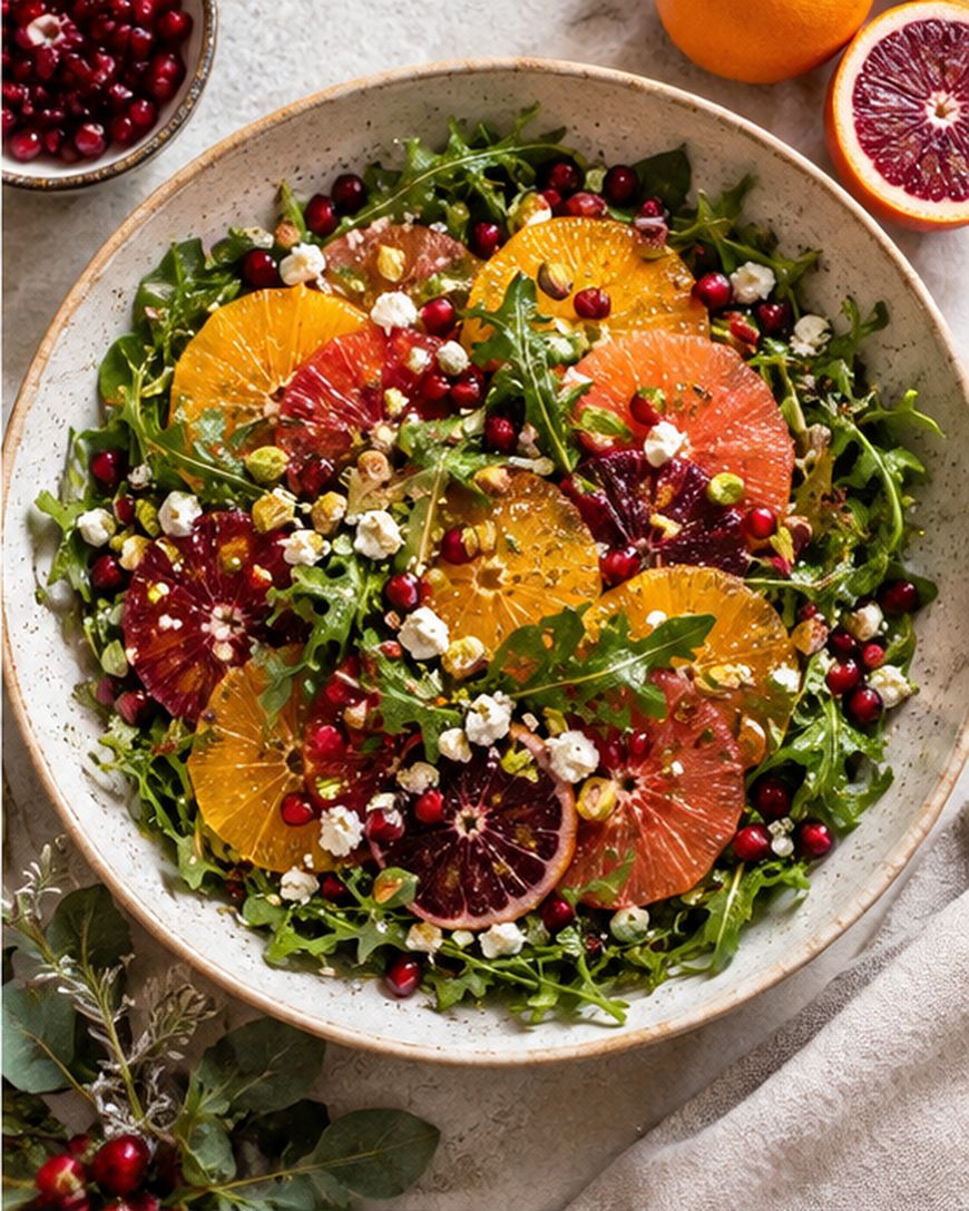 A salad with arugula, sliced oranges, blood oranges, pomegranate seeds, crumbled cheese, and pistachios in a speckled bowl on a cloth-covered surface.