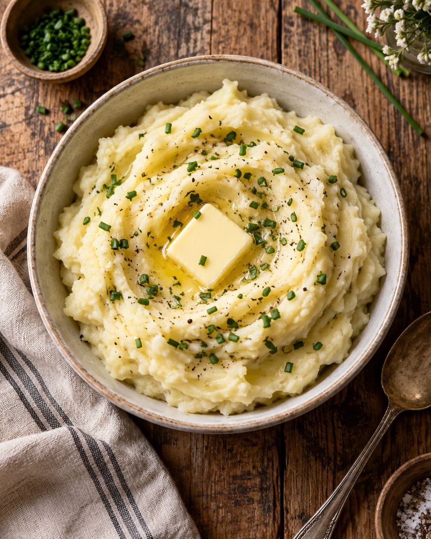 A bowl of creamy mashed potatoes topped with a melting pat of butter and chopped chives, with a spoon and striped napkin nearby on a rustic wooden table.