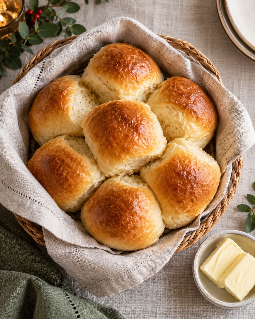 A basket lined with cloth holds seven golden-brown dinner rolls. A small plate with butter is nearby, and there are sprigs of greenery on the tablecloth next to the basket.