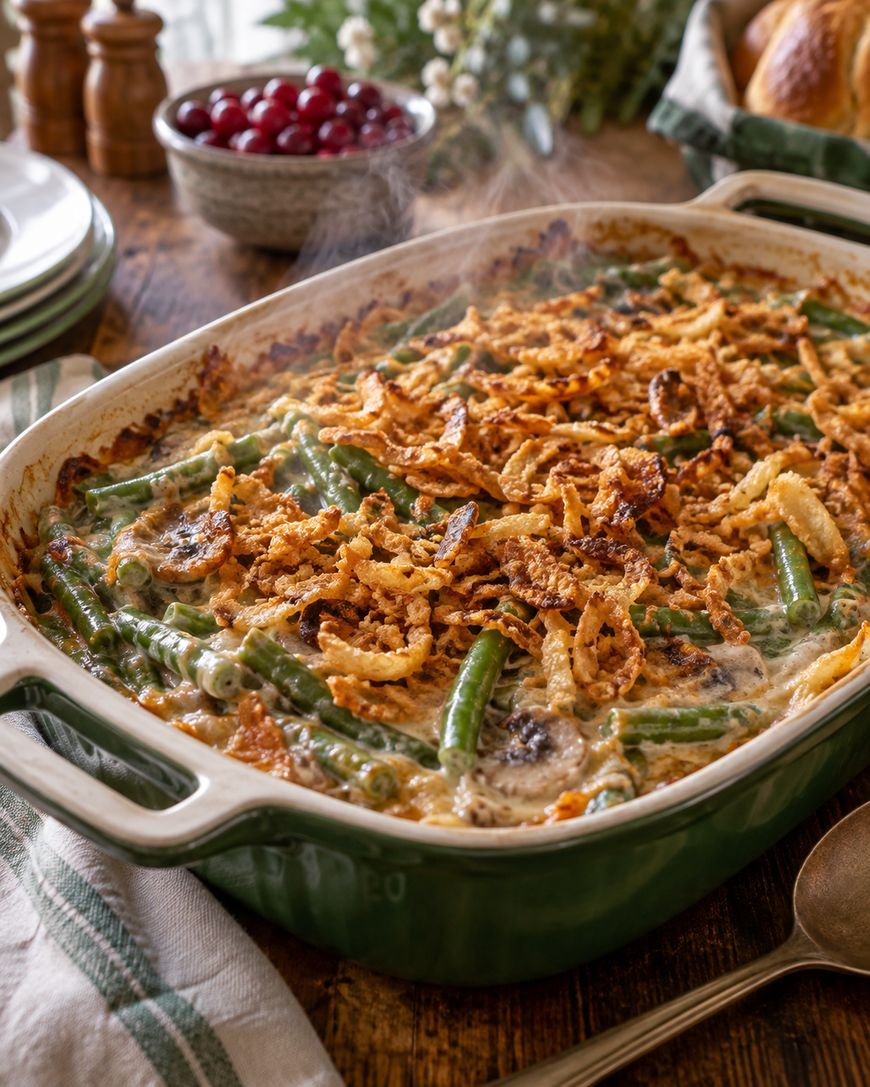 A green casserole dish filled with green bean casserole, topped with crispy fried onions, sits on a table with plates, a decorative towel, and cranberries in the background. Steam rises from the hot dish.