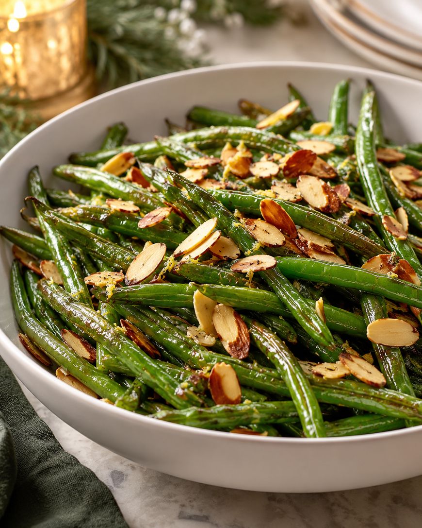 A white bowl filled with sautéed green beans topped with sliced toasted almonds, sitting on a marble surface with a candle and plates in the background.