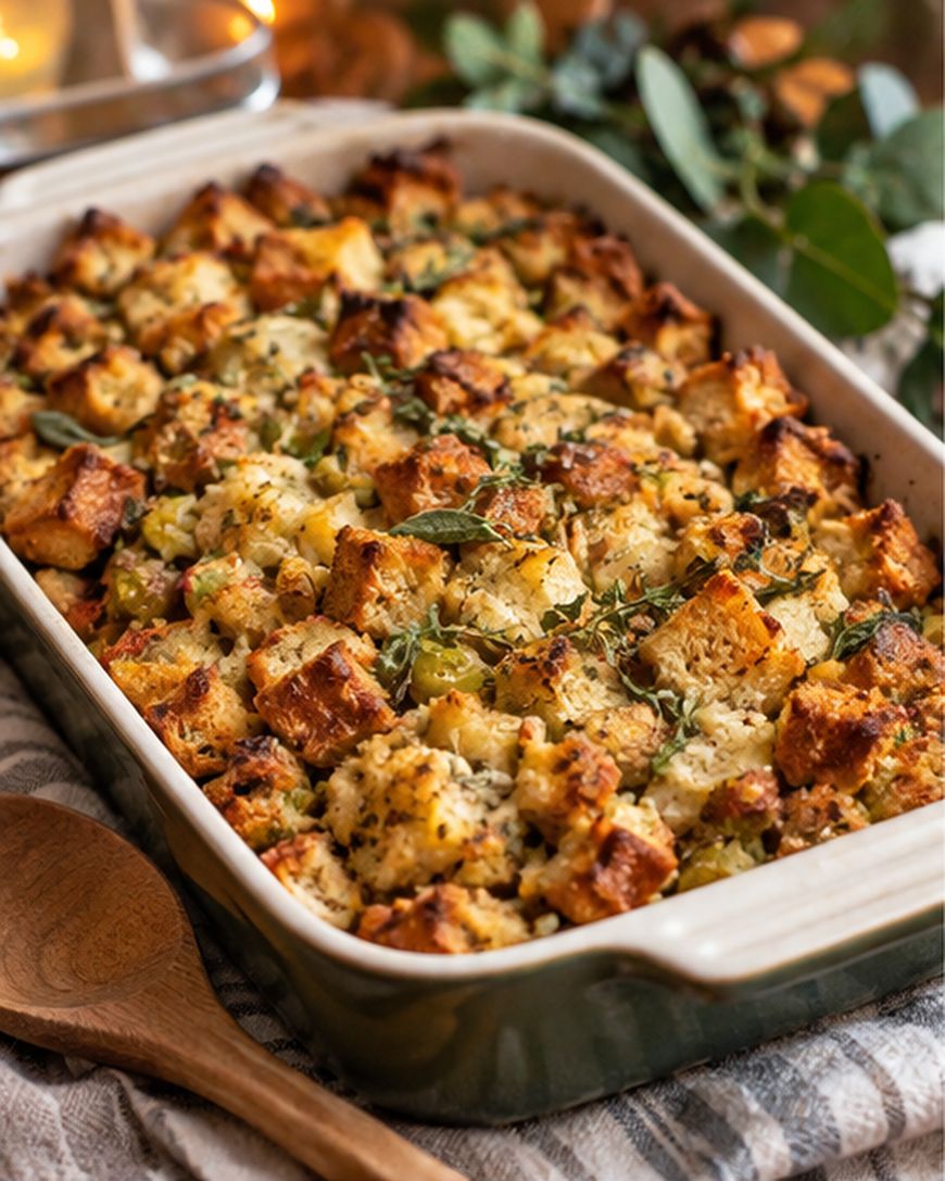 A casserole dish filled with golden-brown stuffing cubes, garnished with herbs, sits on a cloth napkin next to a wooden spoon and some greenery.