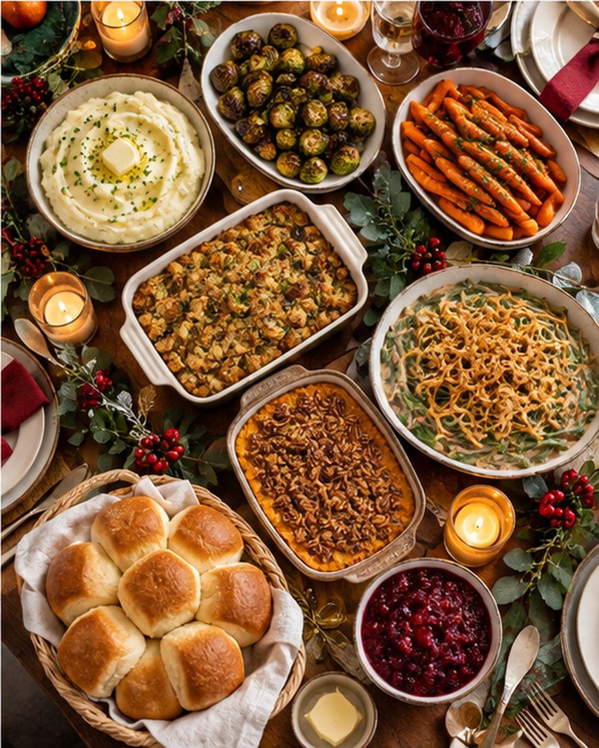 A festive dinner table with mashed potatoes, brussels sprouts, glazed carrots, stuffing, green bean casserole, sweet potatoes, cranberry sauce, bread rolls, and candles, decorated with greenery and red berries.