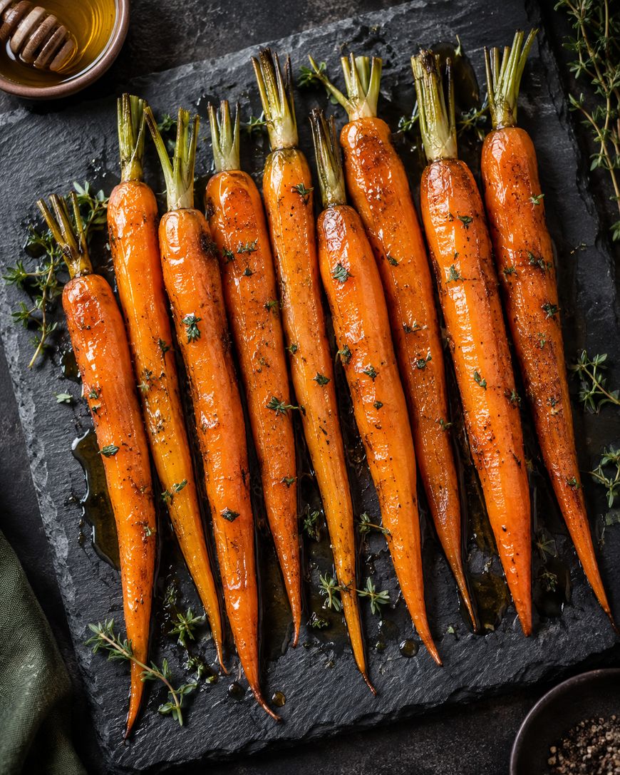 Roasted whole carrots with herbs and a drizzle of oil are arranged neatly on a dark slate serving board, garnished with fresh thyme.