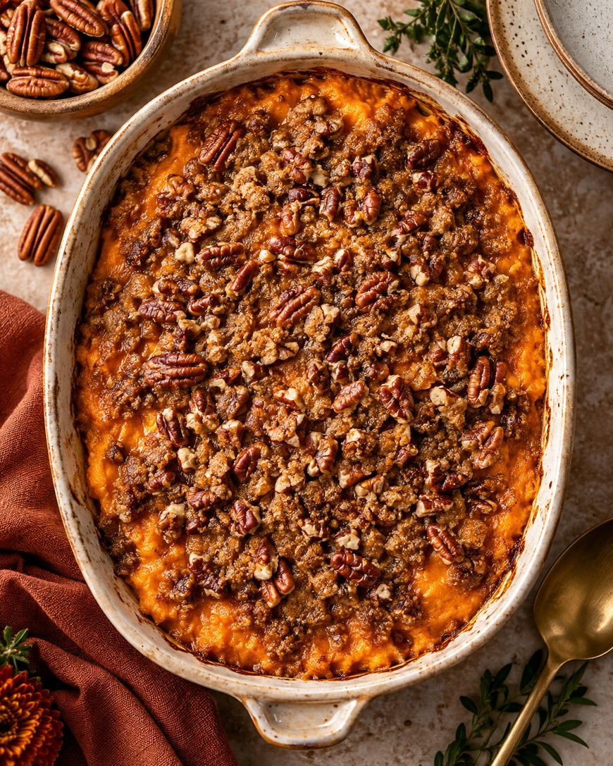 A baked sweet potato casserole in an oval dish, topped with a crumbly brown sugar and pecan streusel. A bowl of pecans, a plate, and a gold spoon are nearby on a light surface.