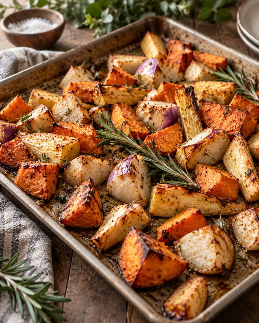A baking sheet filled with roasted root vegetables, including sweet potatoes and turnips, garnished with fresh rosemary. The vegetables are golden brown and seasoned, sitting on a rustic wooden table with a striped towel.