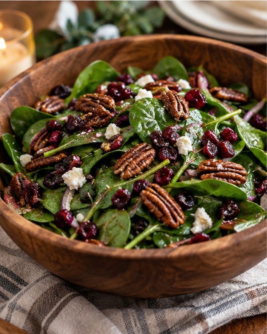 A wooden bowl filled with spinach salad, topped with pecans, dried cranberries, crumbled cheese, and red onion slices, resting on a striped cloth.
