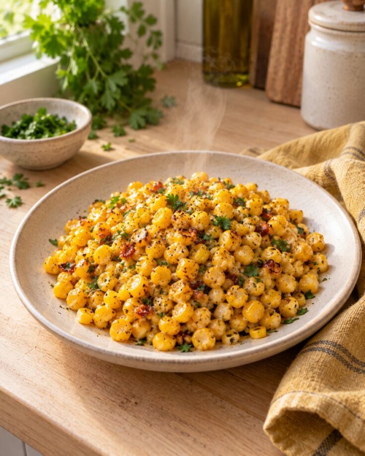 A plate of cooked corn garnished with chopped herbs sits on a wooden countertop, with a yellow napkin nearby and a bowl of chopped herbs in the background. Steam rises from the hot corn.