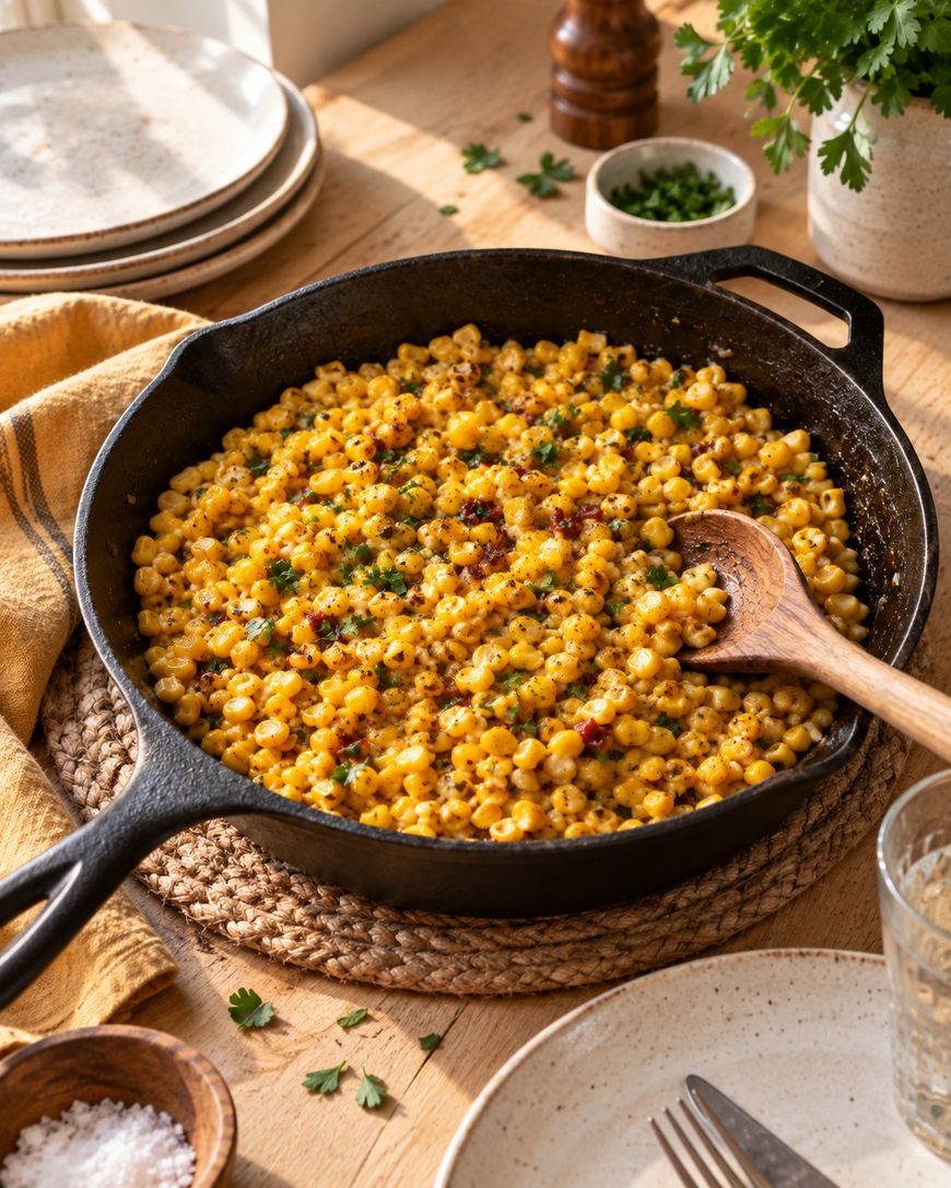 A cast iron skillet filled with creamy macaroni and cheese, garnished with herbs, sits on a braided mat. A wooden spoon rests in the dish. Plates, a folded napkin, and small bowls surround the skillet on a wooden table.