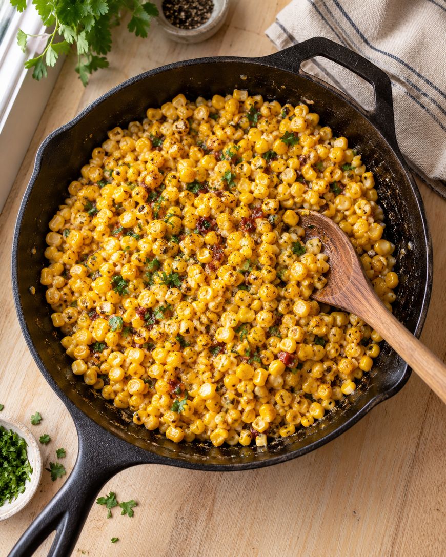 Skillet filled with creamy, seasoned corn topped with herbs, with a wooden spoon resting inside. Chopped herbs and pepper are visible nearby on a wooden surface.