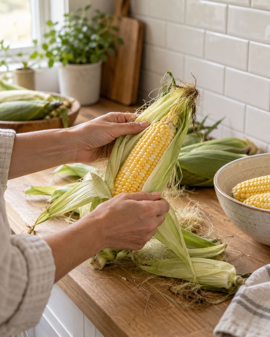 A person peels the husk off an ear of corn on a kitchen counter, with other corn cobs and potted plants in the background.
