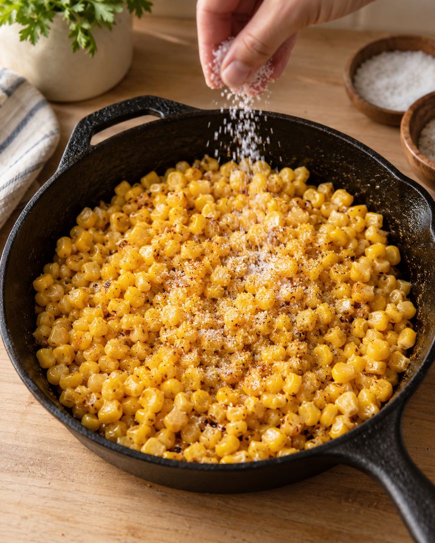 A hand sprinkles grated cheese over cooked corn in a black cast iron skillet on a wooden table, with bowls of salt and a parsley plant in the background.