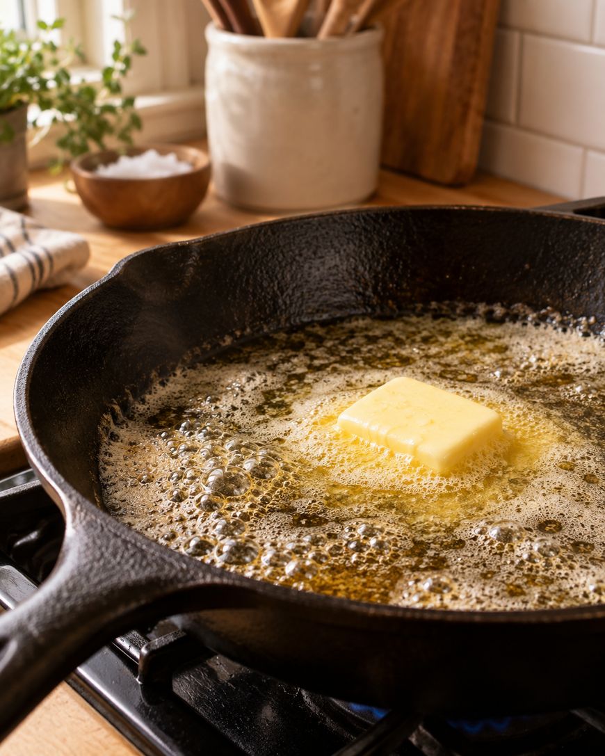A pat of butter melts and sizzles in a black cast iron skillet on a stovetop, with kitchen utensils and ingredients visible in the background.