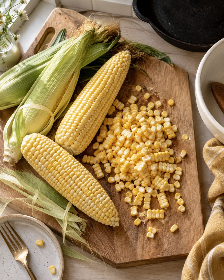 Two ears of corn, one partially husked, and a pile of corn kernels are on a wooden cutting board. Corn husks and kitchen items appear nearby in a bright, sunlit kitchen setting.