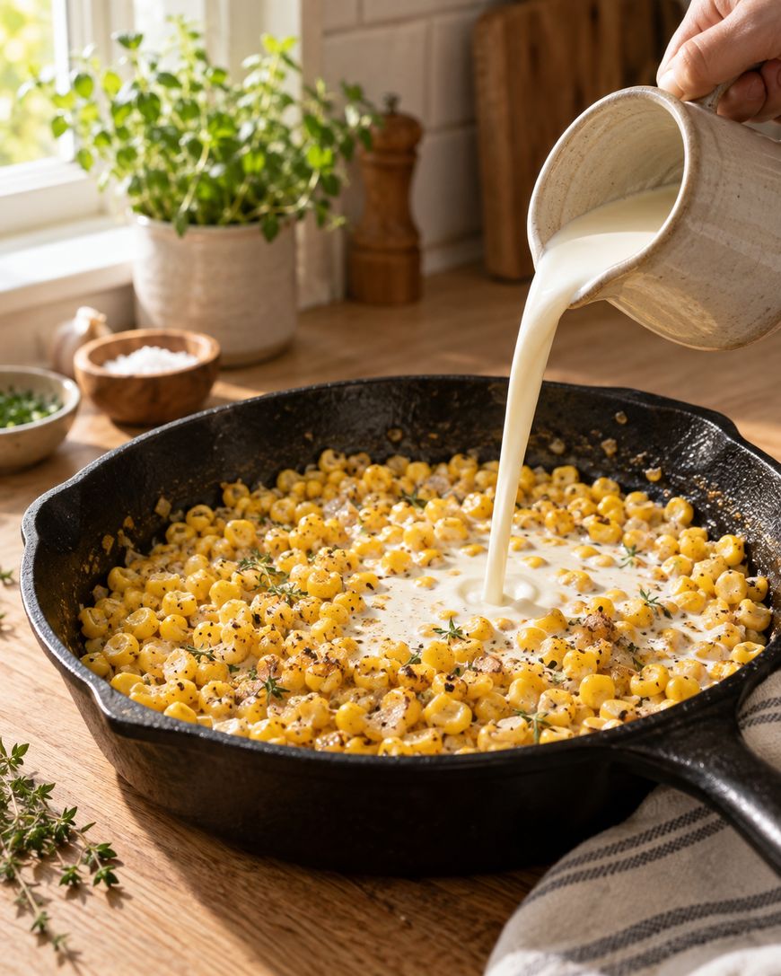 A hand pours cream into a black skillet filled with cooked corn, garnished with herbs and pepper, on a wooden kitchen counter with herb plants and bowls in the background.